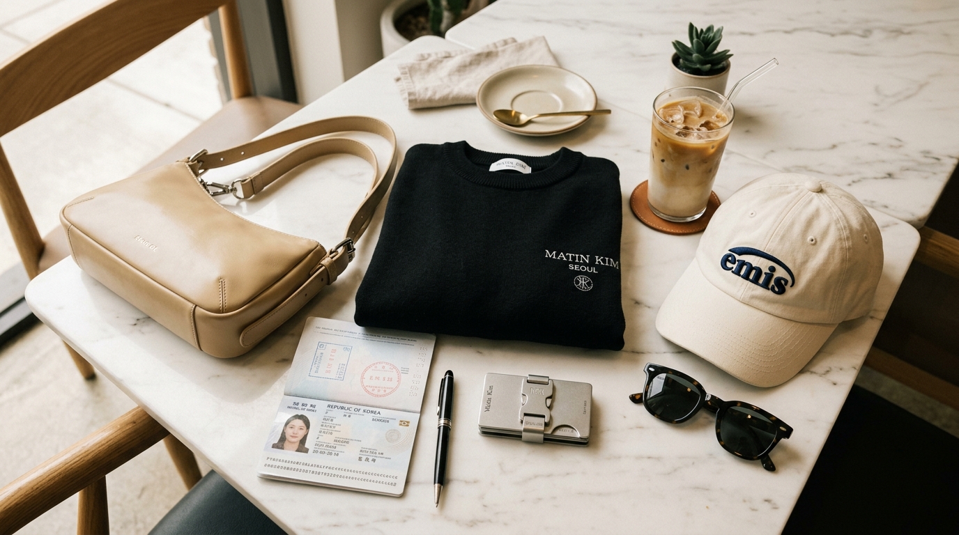 Trendy Korean fashion essentials including Matin Kim wallet, Stand Oil leather bag, and Emis ball cap on a cafe marble table
