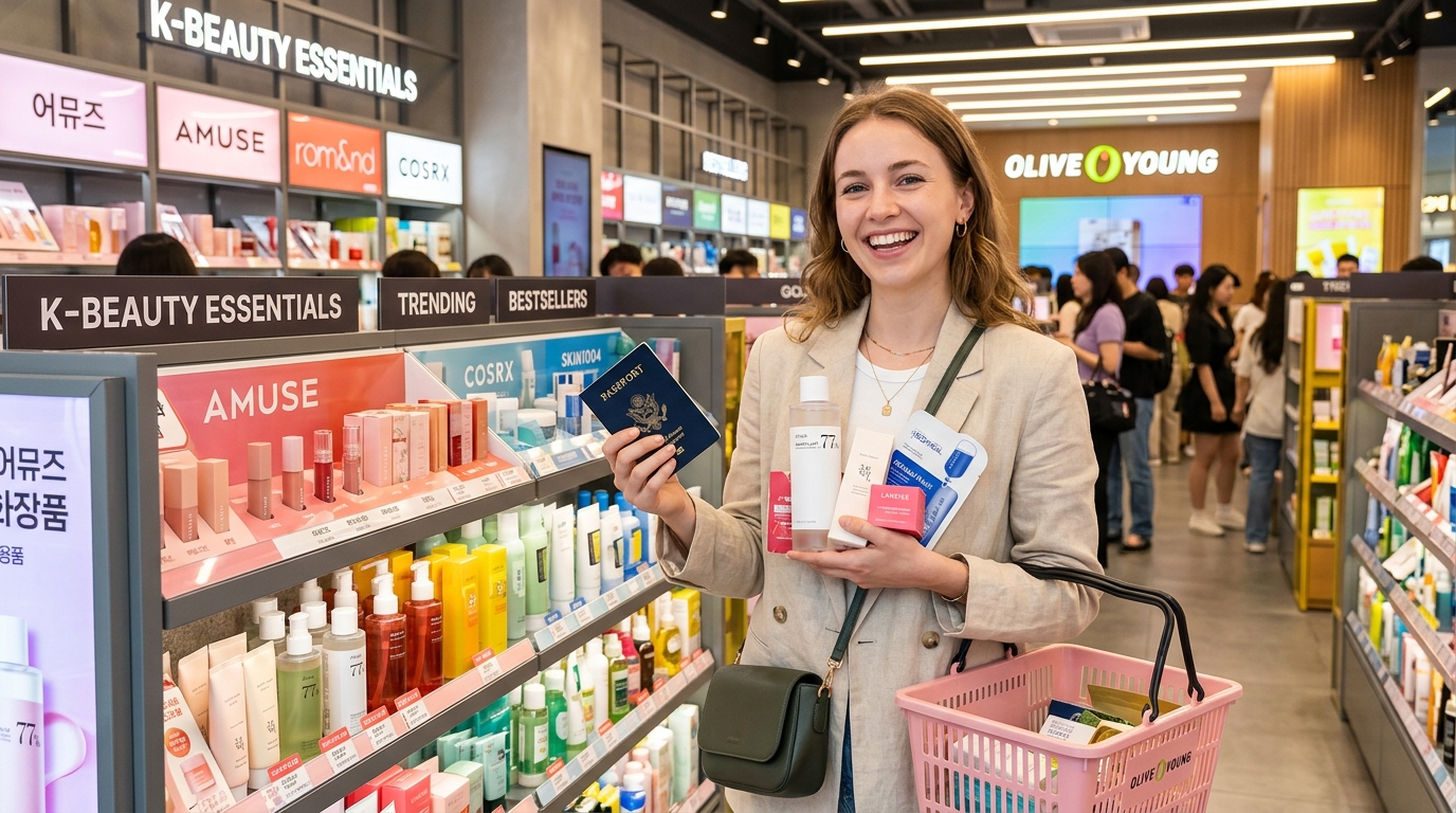 Foreign traveler shopping at Olive Young in Seoul with passport for instant tax refund and Korean skincare