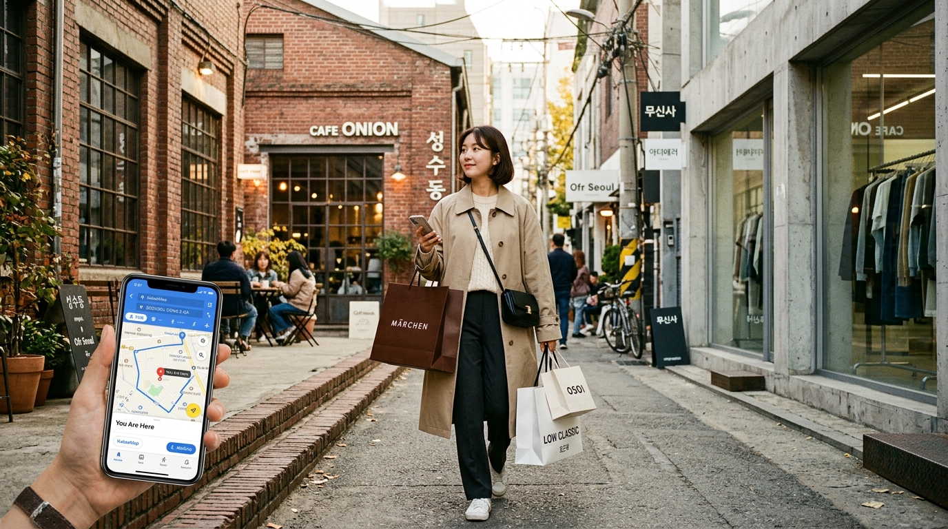 Fashionable traveler with Korean brand shopping bags exploring hip industrial streets of Seongsu-dong in Seoul